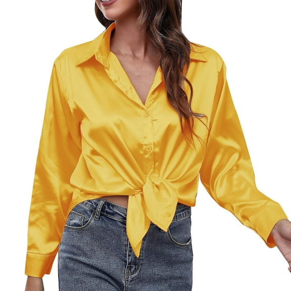 Gerichy Long Sleeve Tops for Women Women's Satin Silk Long Sleeve Button Down Collared Shirt Formal Work Blouse Top Casual Solid Shirts for Office Lady