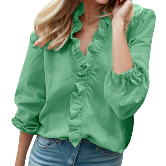 Gerichy Long Sleeve Tops for Women Dressy Ruffle Tops Womens Long Sleeve Casual V Neck Solid Color Plus Size Blouses Shirts for Ladies Fall Clothes