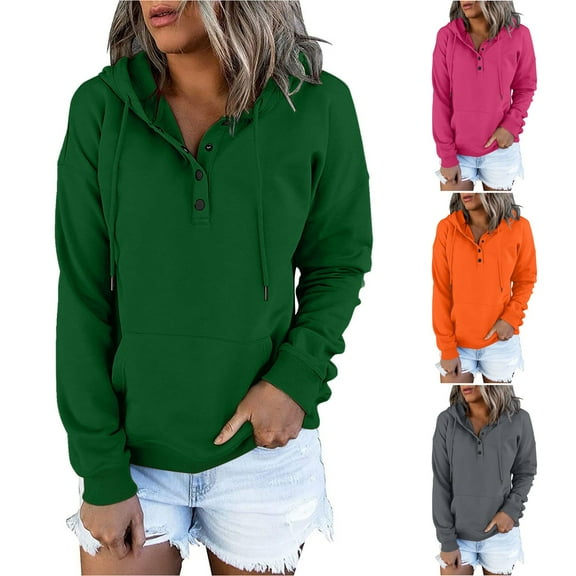 Gerichy Long Sleeve Tops for Women Half Boutton Womens Hoodies Drawstring Hooded Sweatshirts for Woman With Pocket