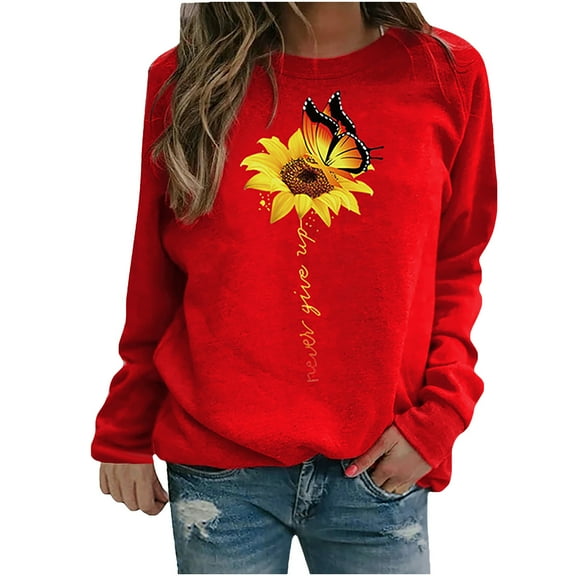 Gerichy Long Sleeve Tops for Women Tops for Women Winter Womens Casual Loose Fit Tops Ladies Sunflower Print Sweatshirt Blouse Tee Sweater