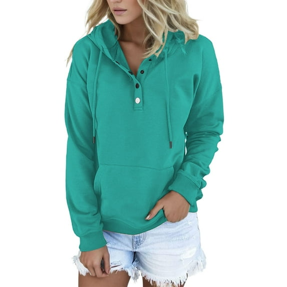 Gerichy Long Sleeve Tops for Women Women's Hoodie Sweatshirt Long Sleeve 1/4 Button Closure Drawstring Pullover Hooded Tops