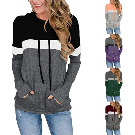 Gerichy Long Sleeve Tops for Women Women's Plus Size Long Sleeve Sweatshirts Color Block Hoodies Pullover with Pocket