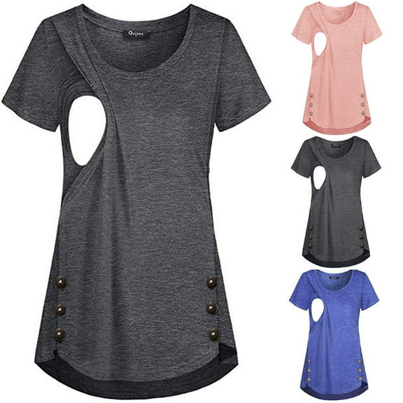 Gerichy Maternity Crew Neck Layered -Feeding Tops Pregnant Short Sleeves Shirts Woman Solid Breastfeeding Clothes Nursing Tunic Blouse
