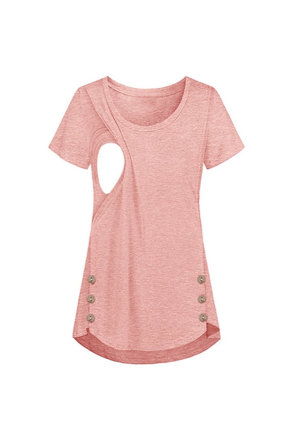 Maternity Crew Neck Layered -Feeding Tops Pregnant Short Sleeves Shirts Woman Solid Breastfeeding Clothes Nursing Tunic Blouse