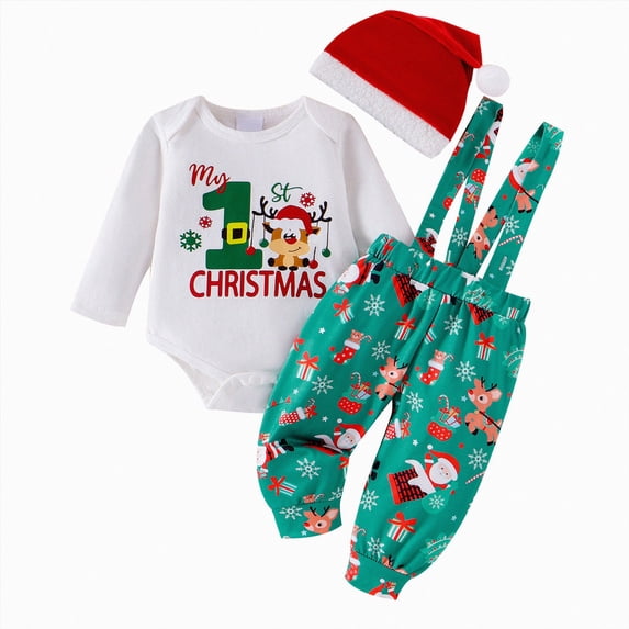 Gerichy My First Christmas Baby Boy Outfit Letter Print Romper Long Pants and Santa Hat 3Pcs Cute Clothes 0-18 Months