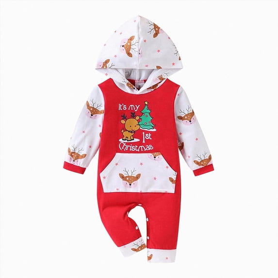 Gerichy My First Christmas Baby Boy Outfit Newborn Letter Long Sleeve Hooded Romper Jumpsuit 3 6 12 18 24 Months Cute Winter Clothes