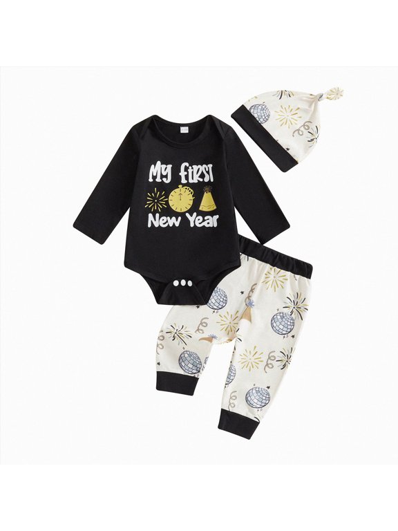 Newborn Baby Boy Clothes Baby Boy Set Long Sleeve My First New Year Letters Romper Pants Hat Infant 3 Piece Fall Winter Clothes 0-12 Months