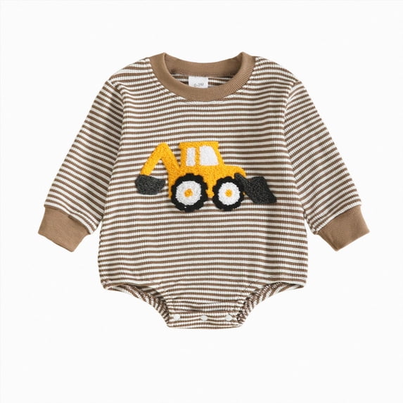 Gerichy Newborn Baby Boy Fall Outfit Tractor Embroidery Striped Bubble Romper Long Sleeve Waffle Knit Bodysuit 0-18 Months