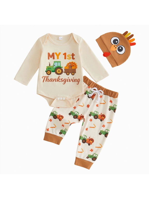 Newborn Baby Boy Thanksgiving Outfit My First Thanksgiving Romper Turkey Long Pants Hat 3Pcs Clothes Set 0-12 Months