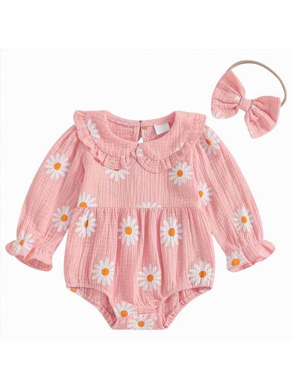 Newborn Baby Girl Clothes Ruffle Long Sleeve Solid Smocked Bubble Romper Jumpsuit Bow Headband Cute Winter Clothes 0-18 Months