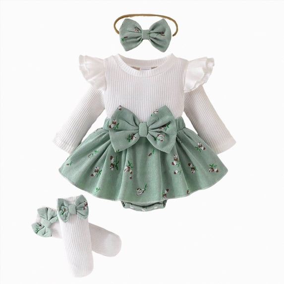 Gerichy Newborn Baby Girl Clothes Smocked Bubble Romper Dress + Socks + Headband Cute Fall Winter Baby Girls Clothing 0-12 Months