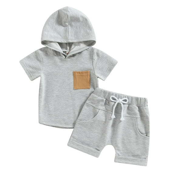 Gerichy Summer Clothes for Toddler Boys Toddler Baby Boy Clothes 2 Piece Clothing Set Patchwork Hooded T Shirt Pullover Tops Pants Outfits Boys' Hooded Short Sleeved Shorts Two Piece Set