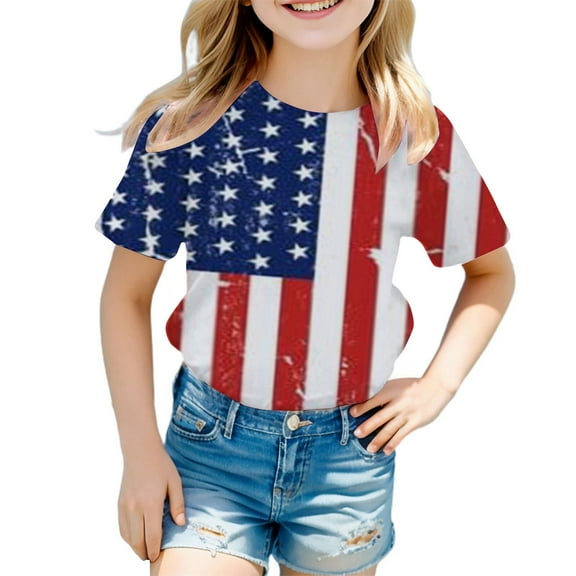 Gerichy Summer Short T-Shirts for Girls Boys 4th Of July Shirt Girls Tees Toddler Kids USA Flag Independence Day Patriotic Kids Short Sleeve T Shirt Tops