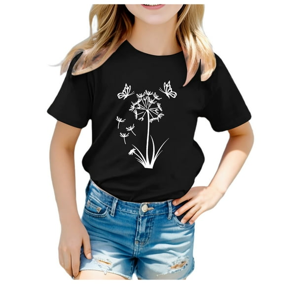 Gerichy Summer Short T-Shirts for Girls Short Sleeve Cartoon Graphic Prints Tee Summer Funny Crewneck Tops Summer Short T-Shirts for Girls Short Tops Sleeve Printed Floral Round Neck T Shirt Top