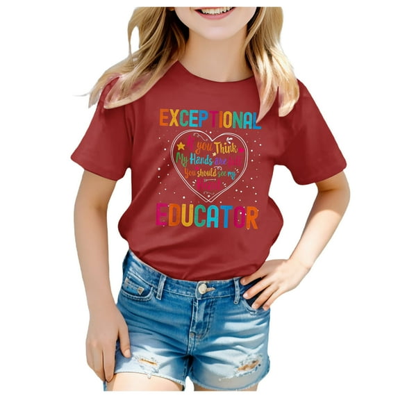 Gerichy Summer Short T-Shirts for Girls Short Sleeve Exceptional Educator Letter Print T Shirt Girls Short Sleeve Tee Crewneck Tops Casual Fit Basic Shirts For Teen Kids Girls Short Sleeve Tees