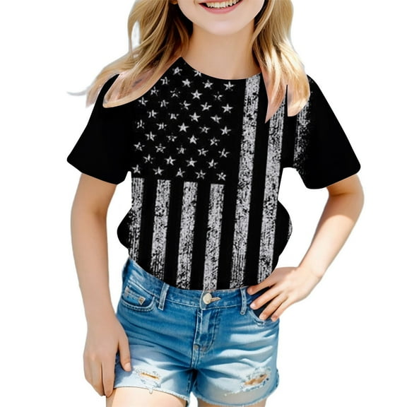 Gerichy Summer Short T-Shirts for Girls Short Sleeve Tee Summer Crewneck T Shirt for Girls 4th Of July Shirt Girls Tees Toddler Kids USA Flag Independence Day Patriotic Shirt