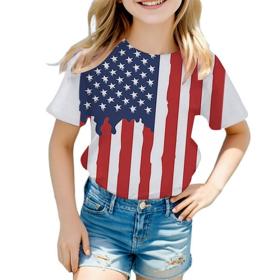 Gerichy Summer Short T-Shirts for Girls Short Sleeve Tee Summer Crewneck T Shirt for Girls 4th Of July Shirt Girls Tees Toddler Kids USA Flag Independence Day Patriotic Shirt