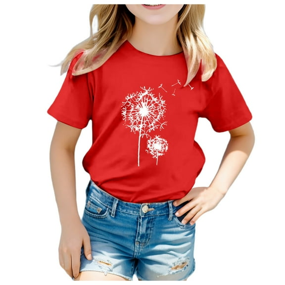 Gerichy Summer Short T-Shirts for Girls Dandelion Print Unisex Kids Tee Girl Funny T Shirts Top For 3 -13Y