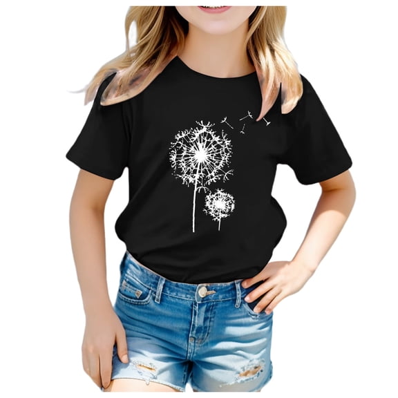 Gerichy Summer Short T-Shirts for Girls Dandelion Print Unisex Kids Tee Girl Funny T Shirts Top For 3 -13Y
