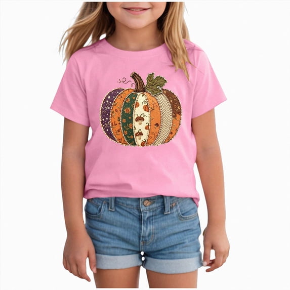 Gerichy T-Shirt for Girls Crewneck Short Sleeve Halloween Pumpkin Prints Fashion Festival Tees 12M-14T