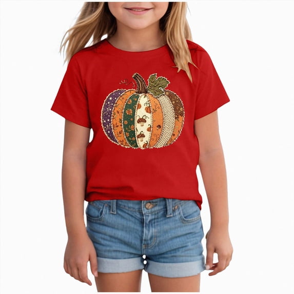 Gerichy T-Shirt for Girls Crewneck Short Sleeve Halloween Pumpkin Prints Fashion Festival Tees 12M-14T