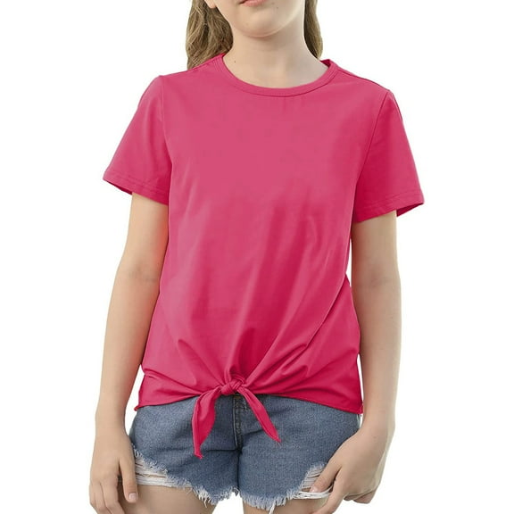 Gerichy T-shirts for Girls Little Girls Tie Front Knot T Shirt Solid Short Sleeve Crewneck Fashion Loose Casual Summer Blouse Tee Tops