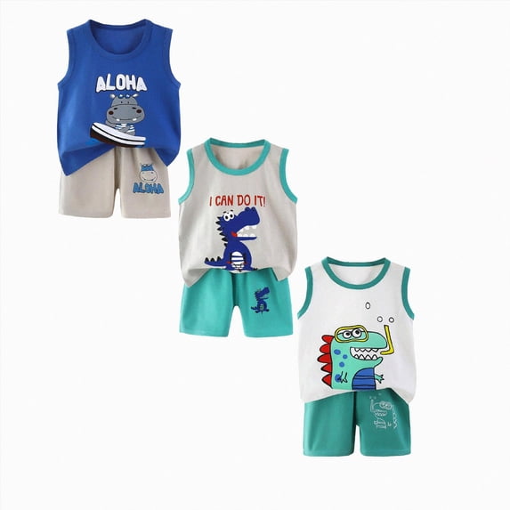 Gerichy Toddler Baby Boy Clothes 6Pcs Summer Outfits 0 6 12 18 24 Months 2T 3T Solid Sleeveless Tank and Shorts Set T-shirt+Shorts Sets