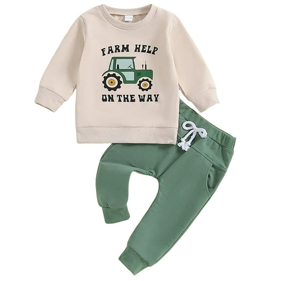 Gerichy Toddler Baby Boy Clothes Fall Winter Outfit, Baby Toddler Boys Fall Clothing Set Letter Tractor Print Long Sleeve Round Neck Tops Drawstring Pocket Long Pants 2-Piece Outfits