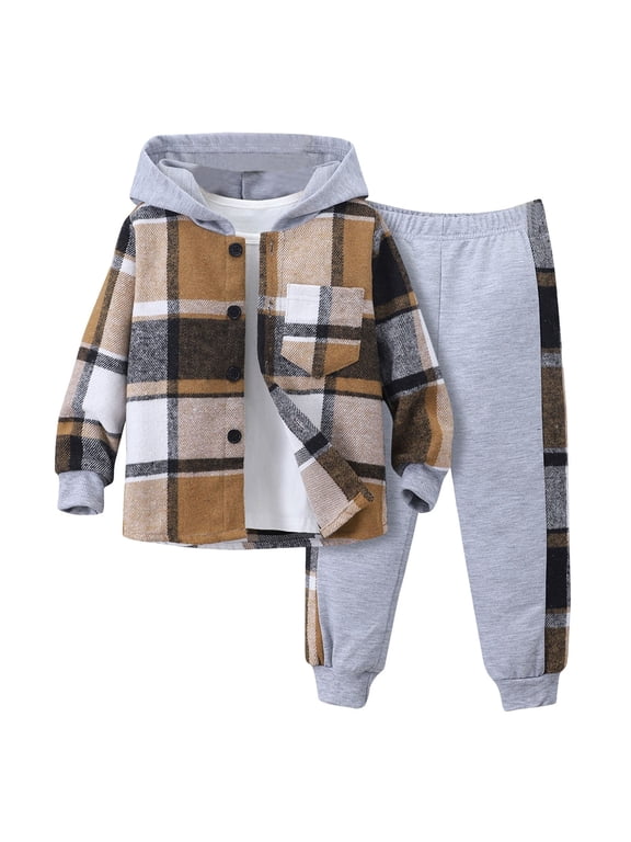 Toddler Baby Boy Clothes Fall Winter Outfit, Boys Clothes 3T 4T 5T 6T 7T 2 Piece Baby Boys Outfits Plaid Hooded Toddler Boys Top Pants Set Autumn Winter Home Wear Baby's Clothing Set