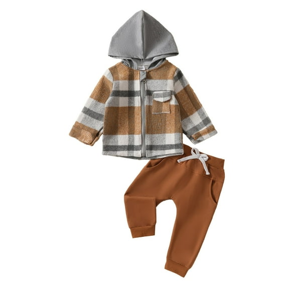 Gerichy Toddler Baby Boy Clothes Fall Winter Outfit, Toddler Baby Boy Fall Winter Outfit Vintage Plaid Hoodie Jacket Shirts Pants Set 2 Piece Sweatsuit Tracksuit
