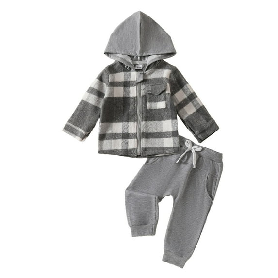 Gerichy Toddler Baby Boy Clothes Fall Winter Outfit, Toddler Baby Boy Fall Winter Outfit Vintage Plaid Hoodie Jacket Shirts Pants Set 2 Piece Sweatsuit Tracksuit