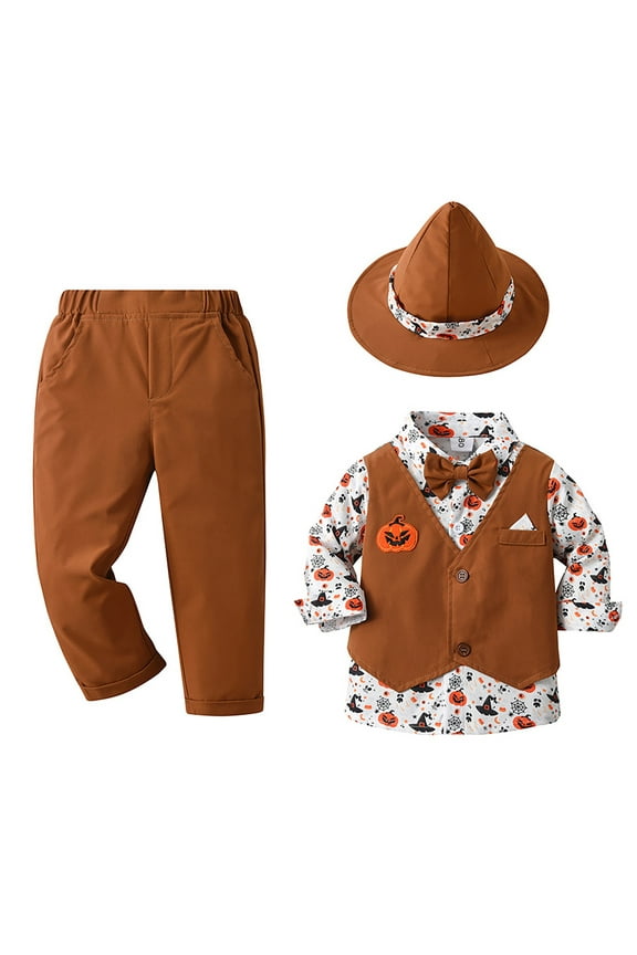 Toddler Baby Boy Clothes Fall Winter Outfit, Toddler Boys Long Sleeve Cartoon Halloween Pumpkin Prints Tops And Pants Hat Child Kids 3PCS Set Outfits