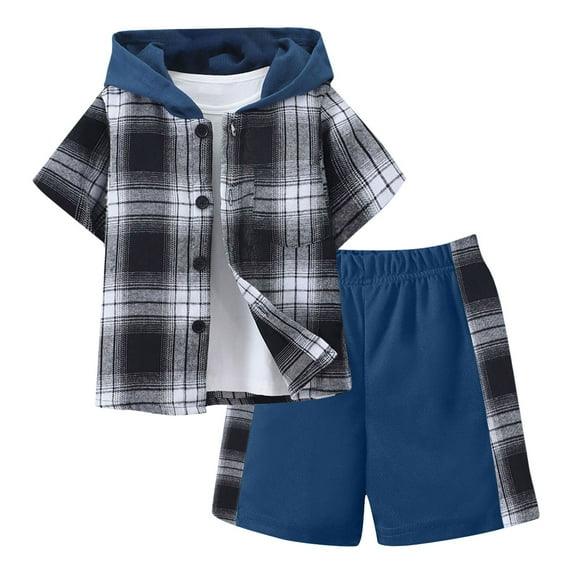 Gerichy Toddler Baby Boy Clothes Outfits Short Sleeve Prints Tops Pants Child 2Pcs Set Kids Sets for Boys Short Sleeved Pants Plaid Color Collision Hooded Two Piece Suit Boys Suit