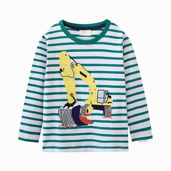 Gerichy Toddler Baby Boy Excavator Graphic Long Sleeve Sweatshirts T-Shirt Tops Kids Striped Tees 2T-8T