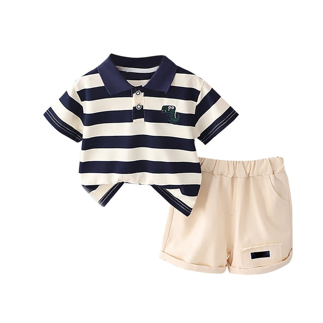 Gerichy Toddler Baby Boy Summer Clothes Striped Lapel Dinosaur Print Short Sleeved Top Casual Shorts Summer Two Piece Set