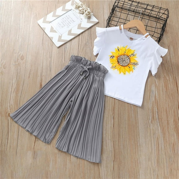 Gerichy Toddler Baby Girl Clothes Set 0 6 12 18 24 Months 2T 3T Kids Clothing Summer Sunflower T Shirt Tops Chiffon Ruched Loose Pants Children Clothes Outfits For Girl