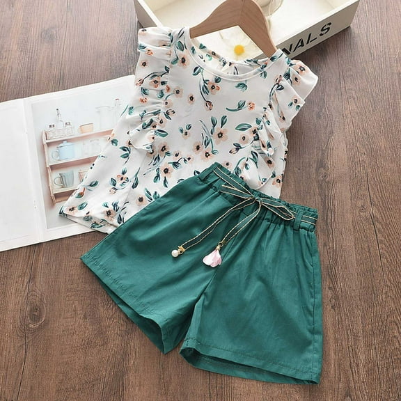 Gerichy Toddler Baby Girl Clothes Set 0 6 12 18 24 Months 2T 3T Summer Flying Sleeve Printed Top Tie Shorts Sets Outfits Kids Clothing Summer T Shirt Tops Loose Pants Children Clothes Outfits