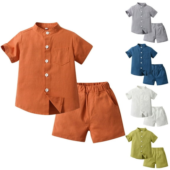 Gerichy Toddler Boy Button Up Shirt and Short Outfit Set, 2-Piece, Sizes 18M-5T Hawaii Beach Holiday Cotton Linen Shirts T Shirt Shorts Outfits