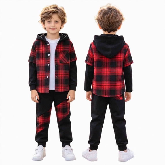 Gerichy Toddler Boy Clothes Fall Winter Outfit, Boys Clothes 2T 3T 4T 5T 2 Piece Plaid Hooded Button Top Pants Set for Toddler Little Kids 3T-7T