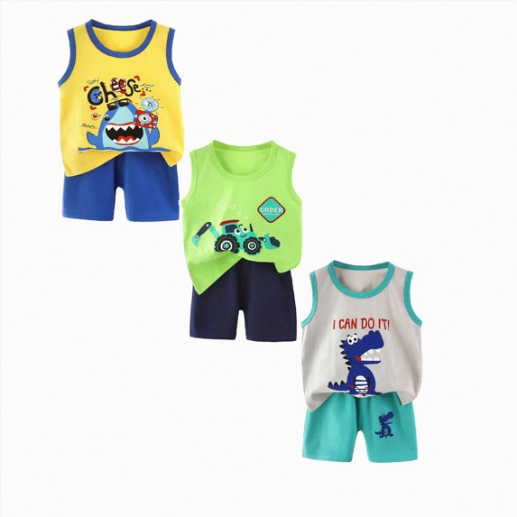 Gerichy Toddler Boy Outfit Set 0 6 12 18 24 Months 2T 3T Baby Clothes Sets Cartoon Tank Tops Shorts Summer Outfits 3-Pack