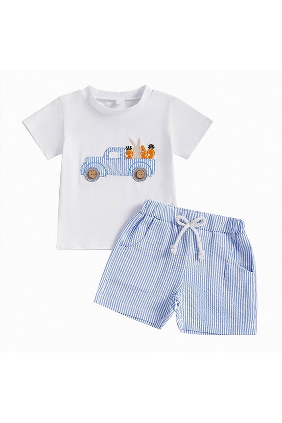 Toddler Boys Clothes Baby Boy Outfit Sets Baby Boy Easter Outfits 6 12 18 24 Months 2T 3T 4T Toddler Boys Summer Clothes Short Sleeve Truck Embroidery T-Shirt + Striped Shorts 2Pcs Set