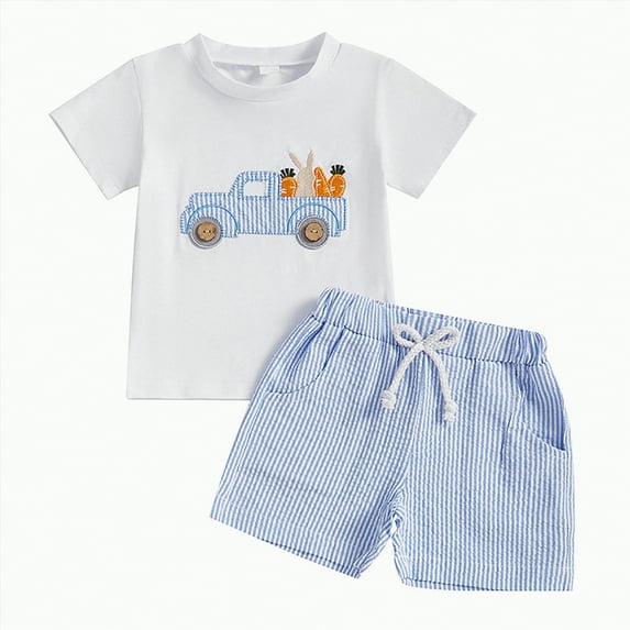 Gerichy Toddler Boys Clothes Baby Boy Outfit Sets Baby Boy Easter Outfits 6 12 18 24 Months 2T 3T 4T Toddler Boys Summer Clothes Short Sleeve Truck Embroidery T-Shirt + Striped Shorts 2Pcs Set