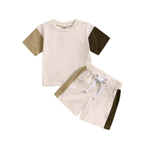 Gerichy Toddler Boys Clothes Baby Boy Outfit Sets Kids Waffle Color Block Raglan Sleeve Tee & Solid Shorts Set,2-Piece, Brown,18-24M