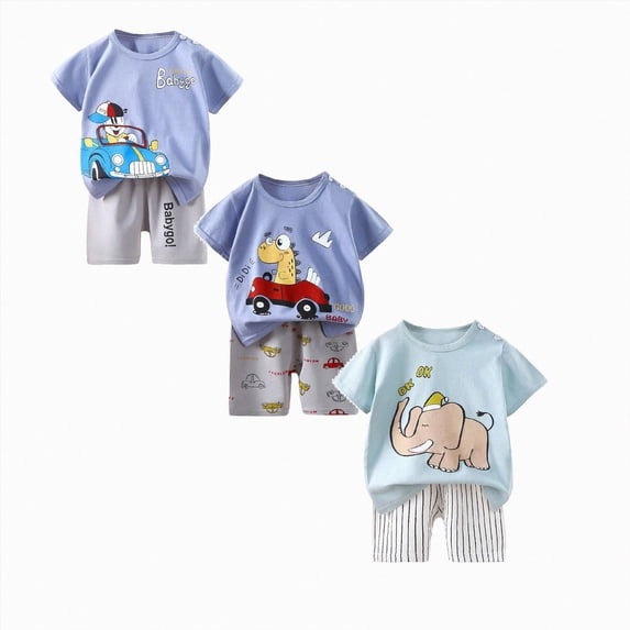 Gerichy Toddler Boys Outfit Set Baby Clothes Sets 3 6 12 18 Months 2T 3T 4T 5T Cartoon T-Shirt Tops Shorts Summer Outfits 6-Pieces