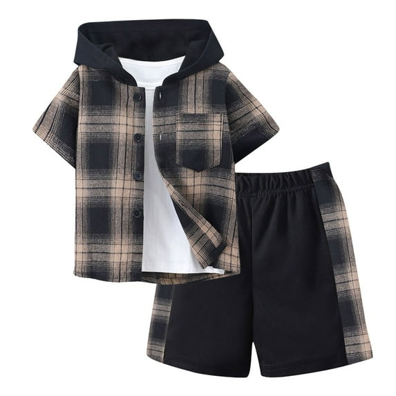 Gerichy Toddler Boys Outfits Short Sleeve Prints Tops Pants Child 2Pcs Set Track Suits For Kids Summer Boys Plaid Lapel Cotton Cardigan Pants Plaid Color Hooded Boys Suit