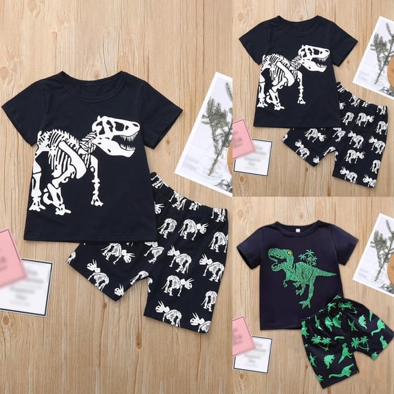 Gerichy Toddler Boys Shirts Set Dinosaur Print Casual T-Shirt Shorts Set Toddler Baby Kids Boys Dinosaur Summer Pajamas Sleepwear Tops Pants Outfits Set Summer Dinosaur Vest+Shorts Outfit Set Clothes
