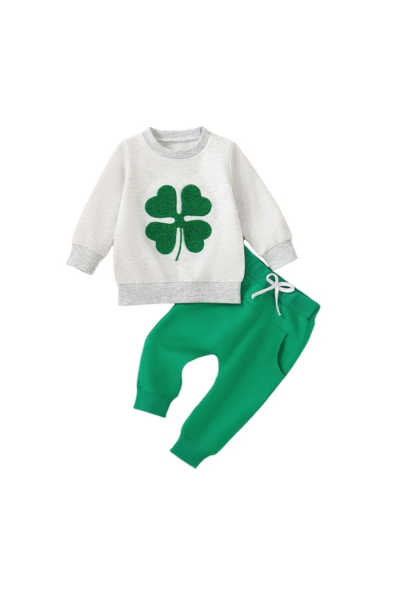 Toddler Kids Baby Boy Fall Outfits St Patrick's Day Letter Print Long Sleeve Tops Pants Winter Clothes Sets Embroidered Ribbed Pullover Pants Two Piece Outfits