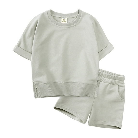 Gerichy Toddler Kids Baby Girl Solid Cotton Pullover Short Sleeve Sweatshirt T Shirt Crewneck Tops Shorts Set Spring Summer Solid Color Sports Two Piece Set