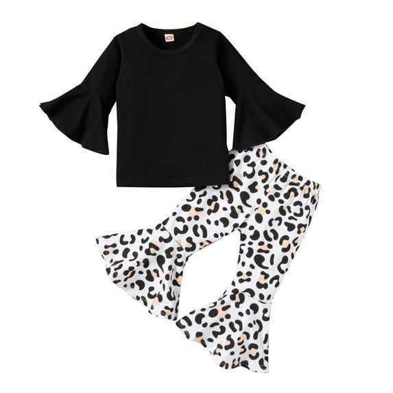 Gerichy Toddler Kids Baby Girls Solid T-Shirt Tops Leopard Print Bell-bottomed Pants Flared Pants Outfits Set Flared Pants Leopard Print Suit