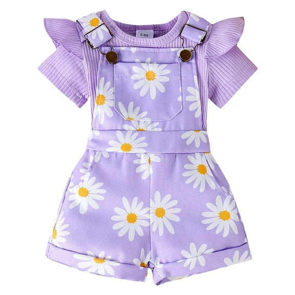 Gerichy Toddler Kids Girl Shorts Outfit 12 18 24 Months 2T 3T 4T 5T Solid Color Ribbed Short Sleeve T-Shirt with Daisy Print Overall Shorts 2 Pcs Summer Clothing Printed Suspenders Suit